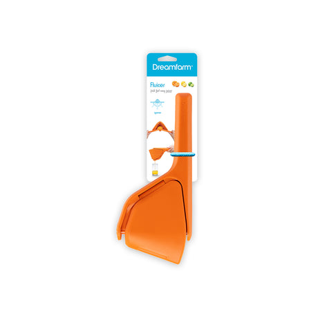 DREAMFARM Orangenpresse FLUICER aus Edelstahl, handliche Zitruspresse für frischen Orangensaft, auf weißem Hintergrund fotografiert