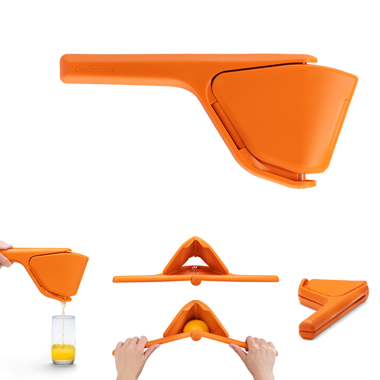 DREAMFARM Orangenpresse FLUICER aus Edelstahl, manuelle Saftpresse für frischen Orangensaft, mit Griff und Presskegel.