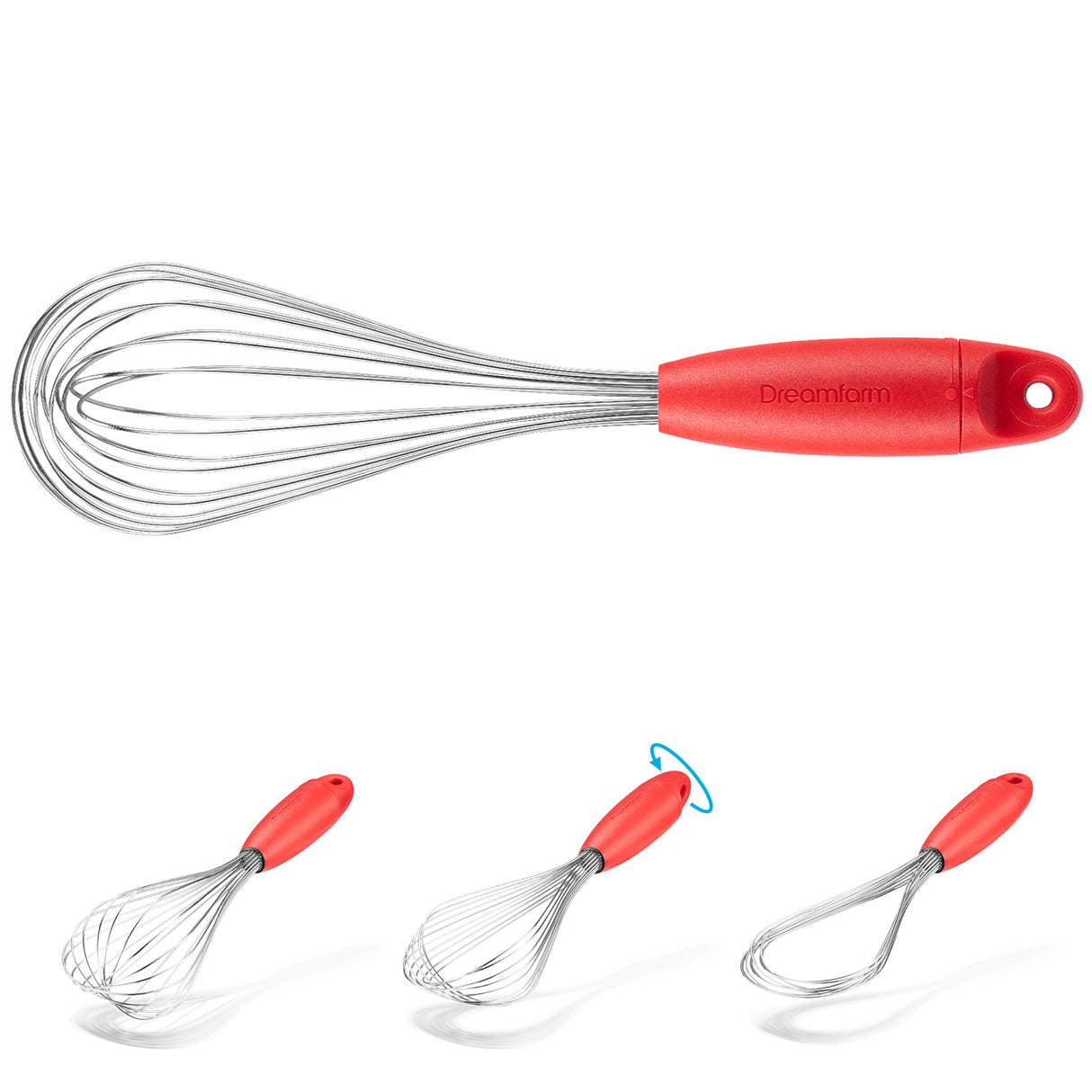 DREAMFARM Schneebesen FLISK aus Edelstahl, ideal zum Verrühren und Schlagen, mit ergonomischem Griff, in der Küche verwendet.