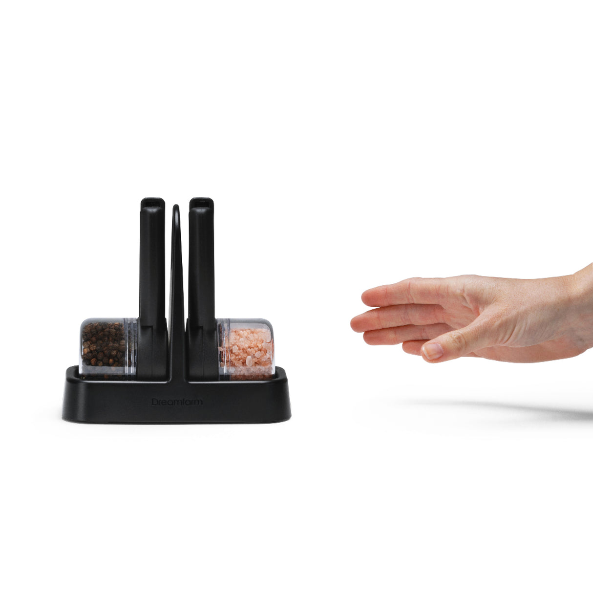 DREAMFARM Gewürzmühlen Set ORTWO Lite in Schwarz, stilvolle Küchengewürzmühlen mit elegantem Design.