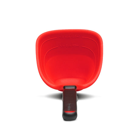 DREAMFARM Schöpfkelle aus rotem Kunststoff, langlebiges Küchenutensil mit ergonomischem Griff und flacher Form.