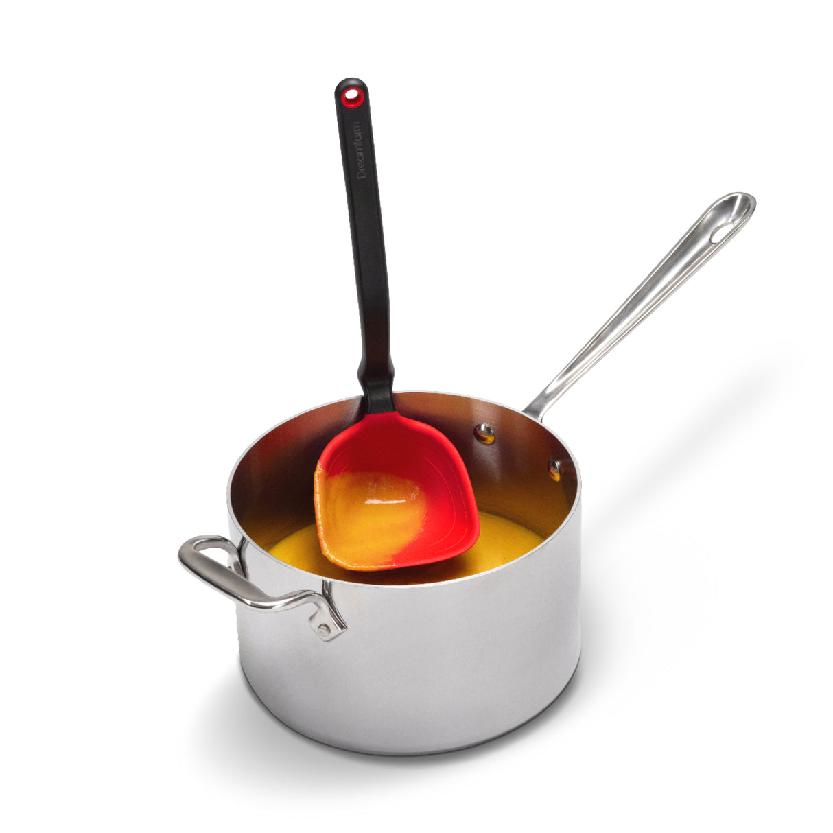 DREAMFARM Schöpfkelle aus rotem Kunststoff mit flachem Rand, ideal zum Servieren von Suppen und Saucen.