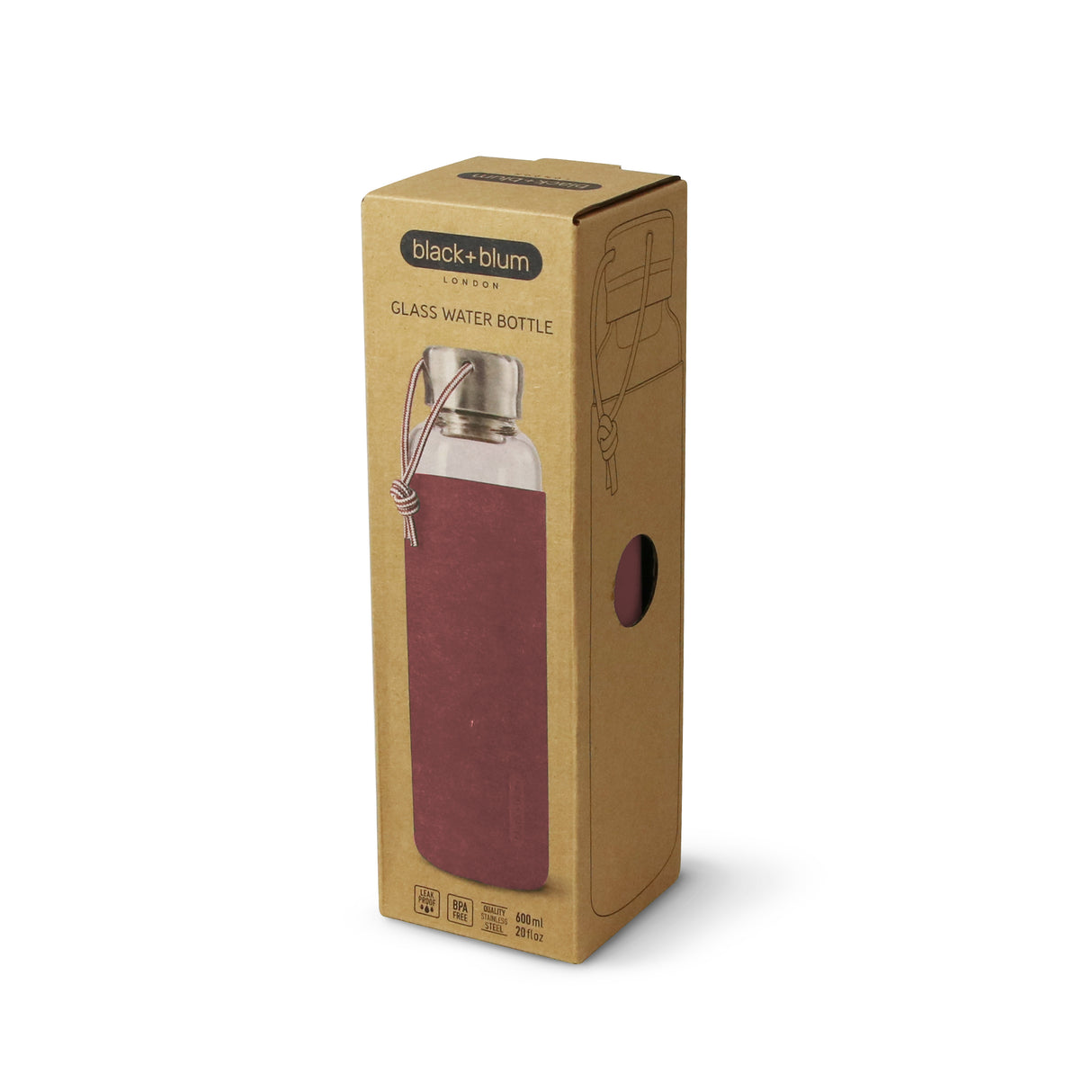 BLACK+BLUM Trinkflasche TO-GO GLAS in Ozean, 600 ml, aus Glas mit nachhaltigem Design und sicherem Verschluss