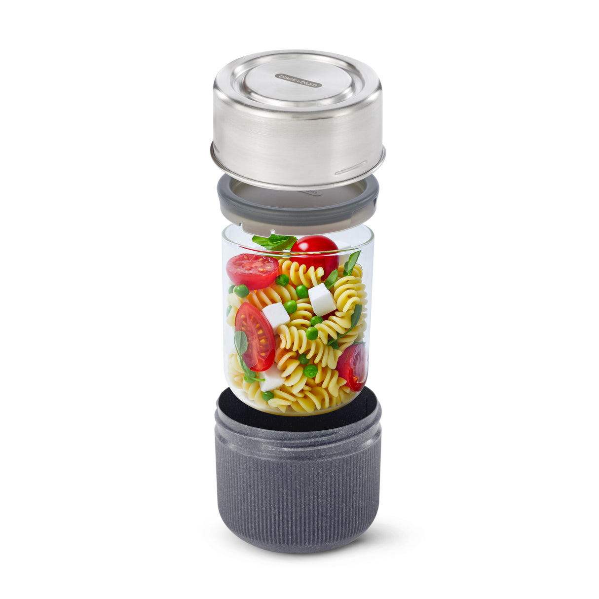Schwarze BLACK+BLUM Lunchschale aus Glas im Schieferdesign, ideal für To-Go-Lunches, mit transparentem Deckel und 450ml Fassungsvermögen