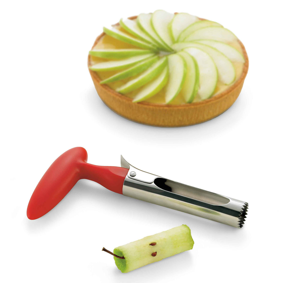 Apfelkernausstecher mit Hebel-Öffner von CUISIPRO, Edelstahl, ergonomischer Griff, zum schnellen Entfernen von Apfelkernen.