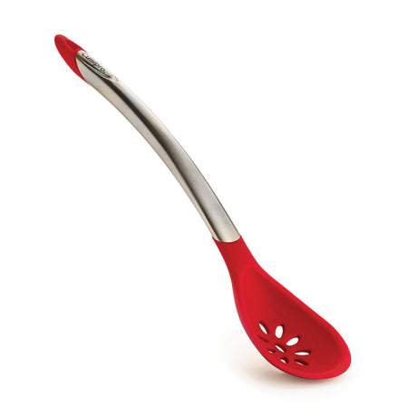 Geschlitzter Kochlöffel aus satiniertem Edelstahl von CUISIPRO, 30,5 cm, in drei Farben, detailreiche Nahaufnahme