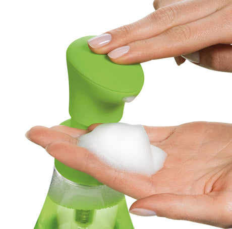 Grüner Seifenschaumspender aus Kunststoff, 390 ml Fassungsvermögen, von CUISIPRO, mit Pumpmechanismus für Seifenschaum.