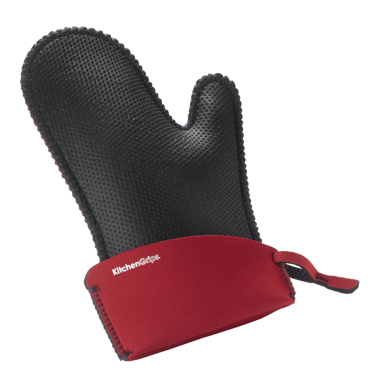 Breiter, hitze- und kältebeständiger Kochhandschuh aus FLXaPrene in drei Farben von KitchenGrips, einzeln auf weißem Hintergrund.