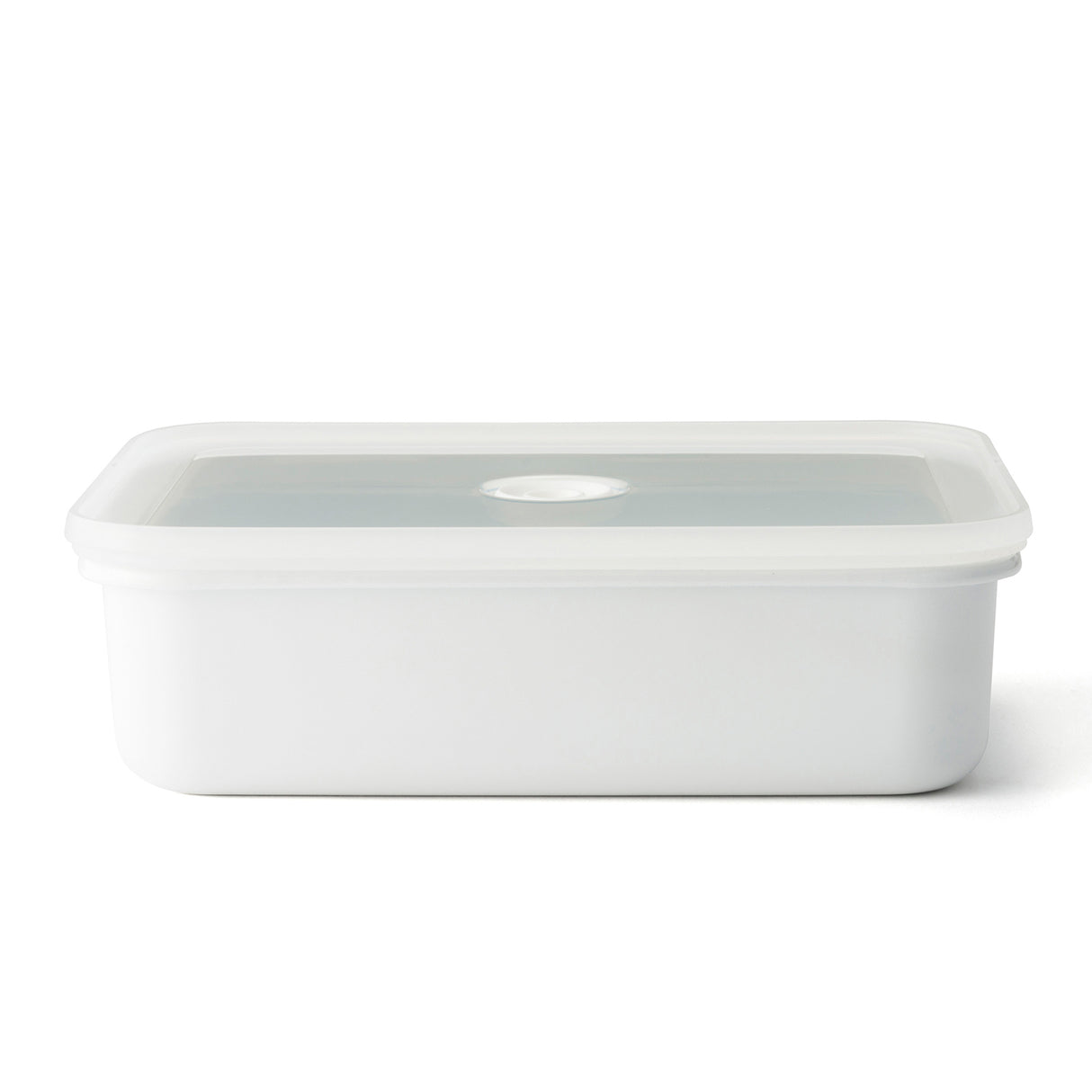 Große, flache Vakuum-Emaille-Frischhaltedose von HoneyWare mit Edelstahlverschluss und transparentem Deckel.