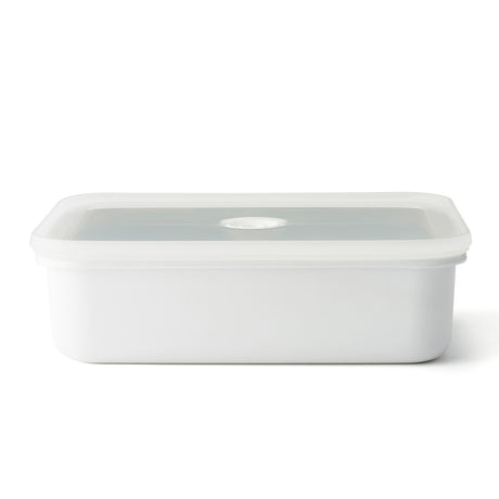 Große, flache Vakuum-Emaille-Frischhaltedose von HoneyWare mit Edelstahlverschluss und transparentem Deckel.