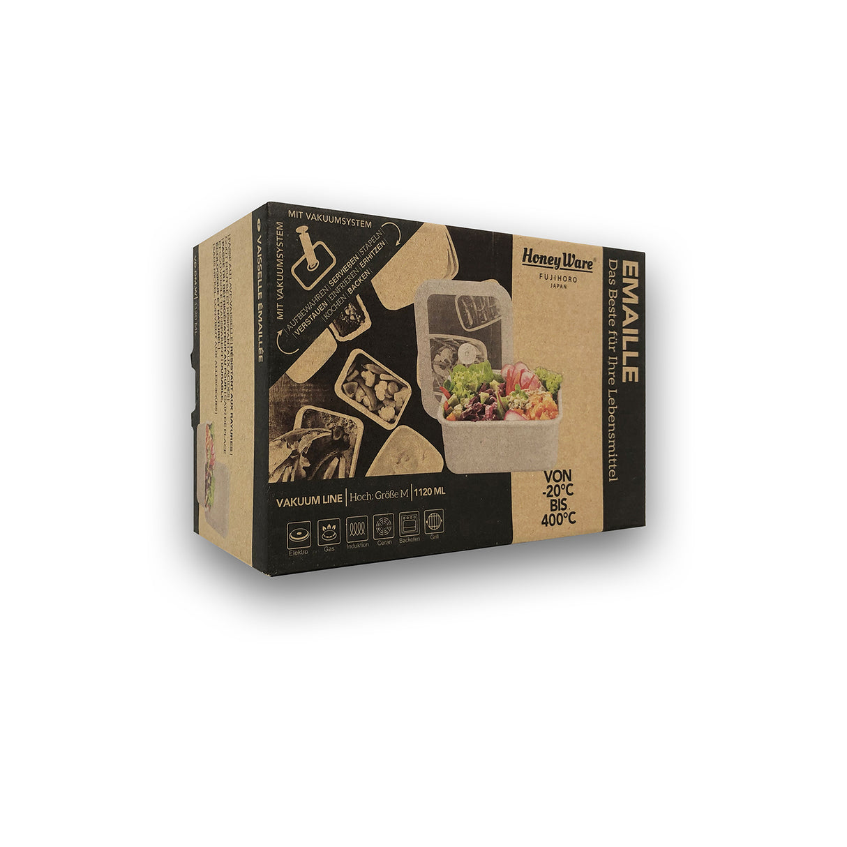 Vakuum-Emaille Frischhaltedose von HoneyWare, mittelgroß, mit luftdichtem Verschluss für Frischhaltung, auf dem Bild sichtbar.