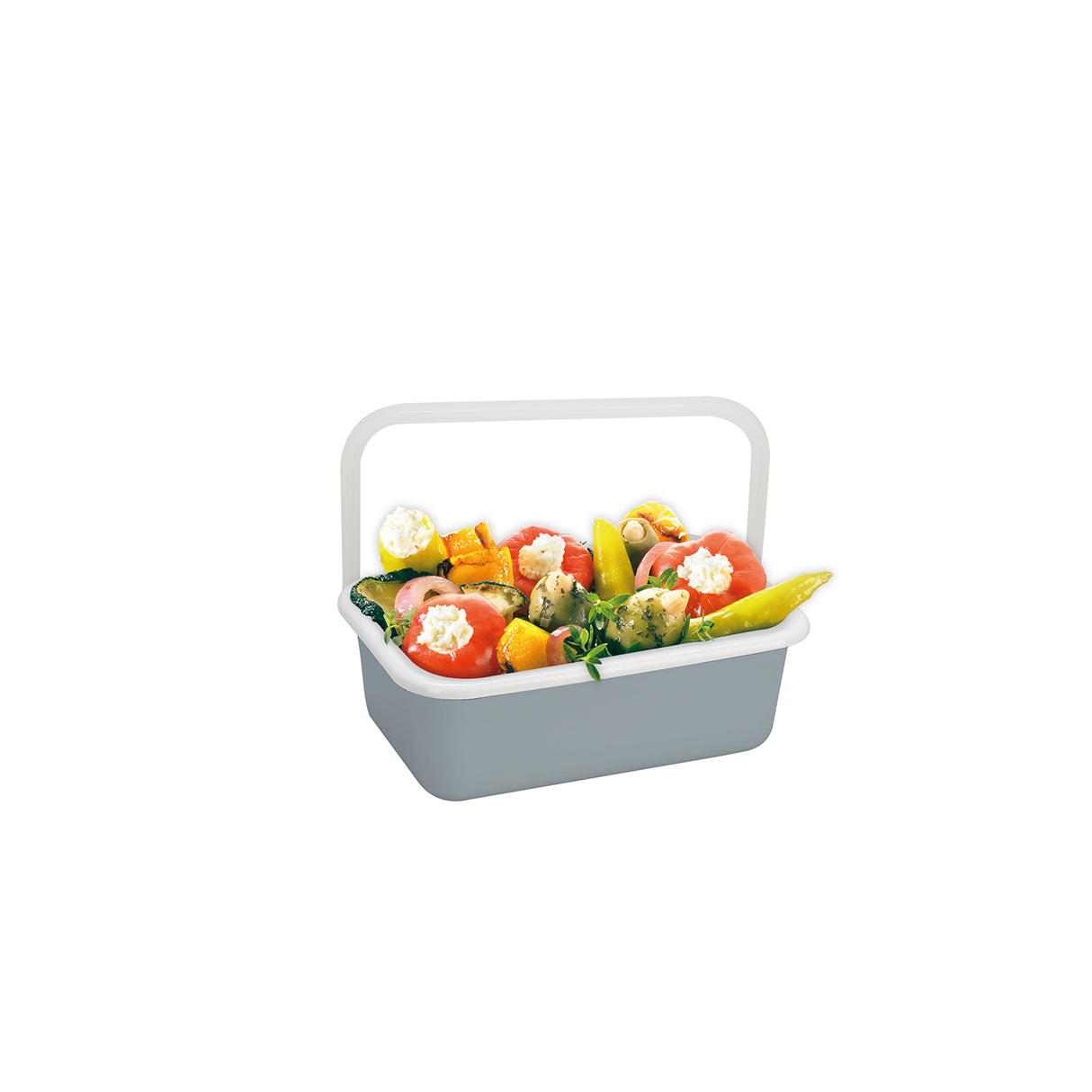 Emaille Frischhaltedose von HoneyWare in Grau, flach, 0,42L, ideal für Lebensmittelaufbewahrung, schematisches Produktbild