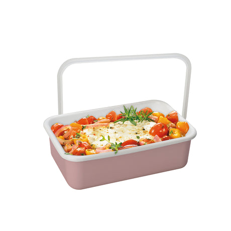 HoneyWare Color Line Emaille Frischhaltedose in Rosa M, flach, 0,74L mit Deckel, langlebige Keramik-Emaille-Behälter