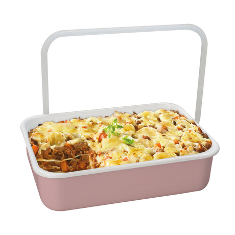HoneyWare Emaille Frischhaltedose in Rosa, flach, 1,35L, mit Deckel, ideal für Lebensmittelaufbewahrung