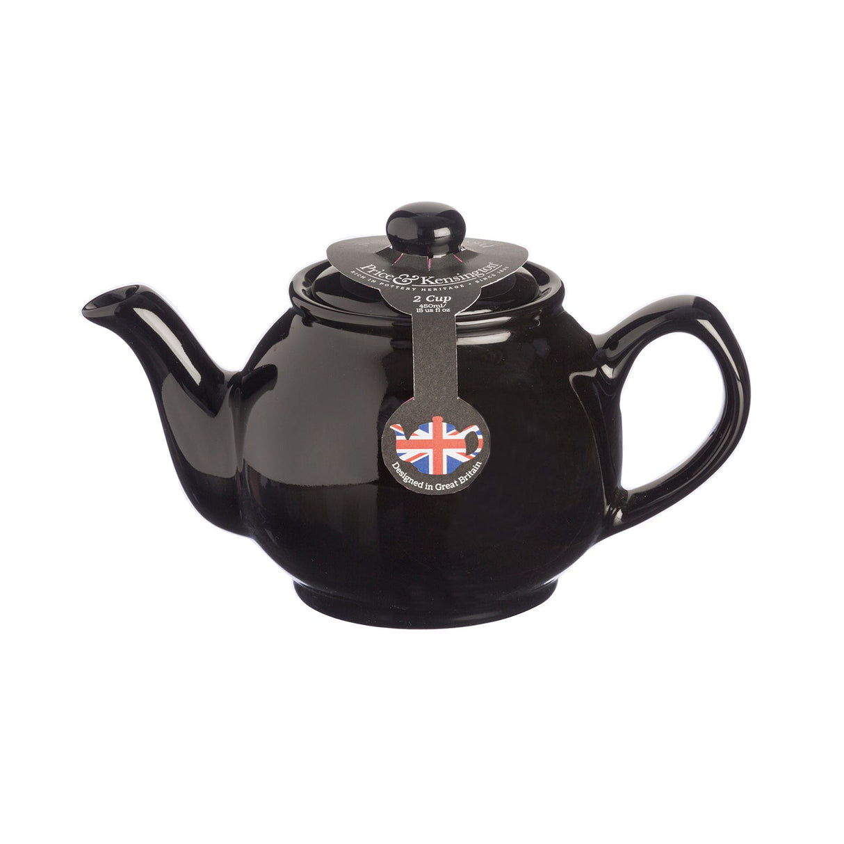 Schwarze Teekanne von Price & Kensington, klassisch für 6 Tassen, 1,1 Liter, aus Keramik, auf einer weißen Oberfläche.