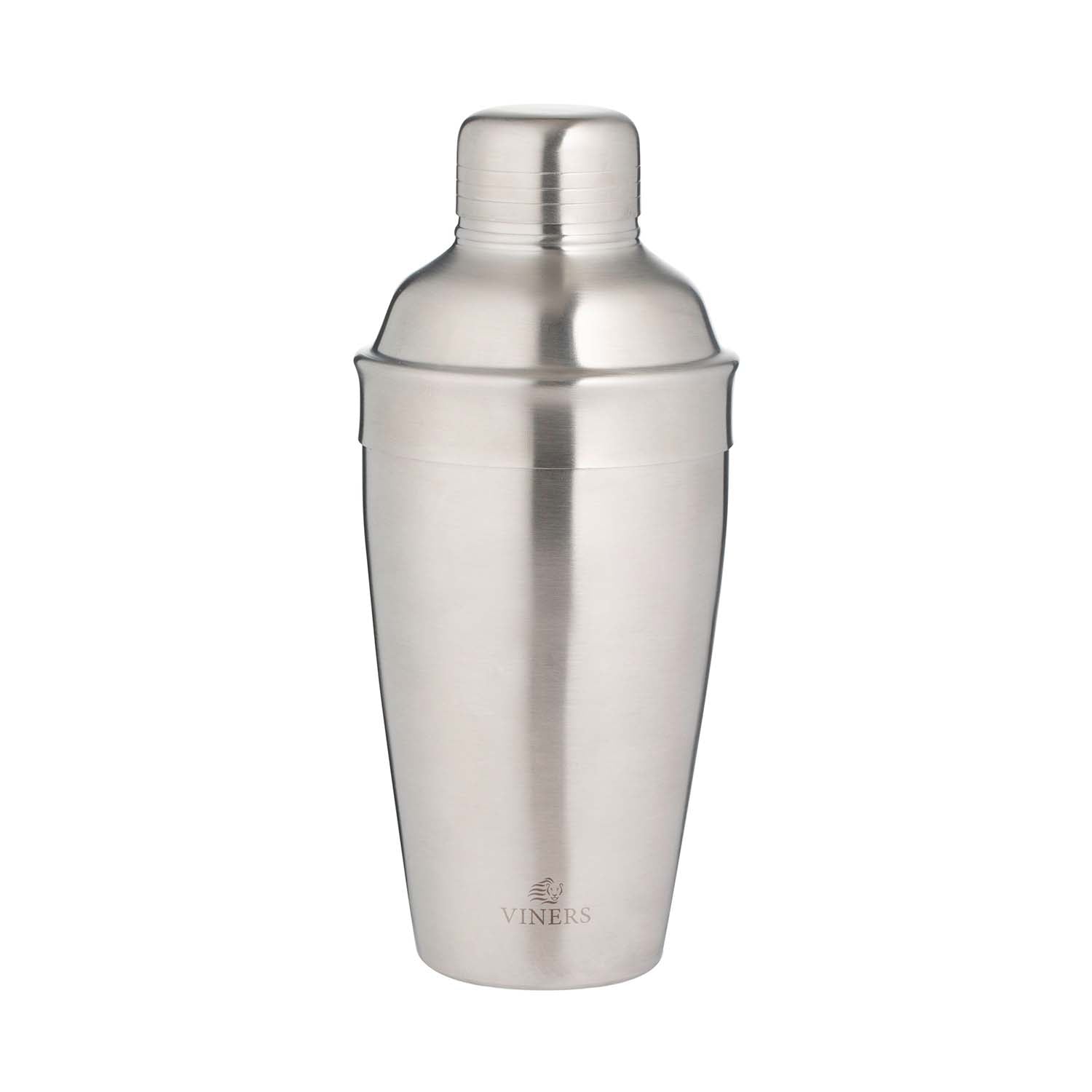 Silberner Cocktail-Shaker von Viners, 500 ml, aus Edelstahl, liegt auf einem Bar-Tresen, bereit zum Mixen von Cocktails.