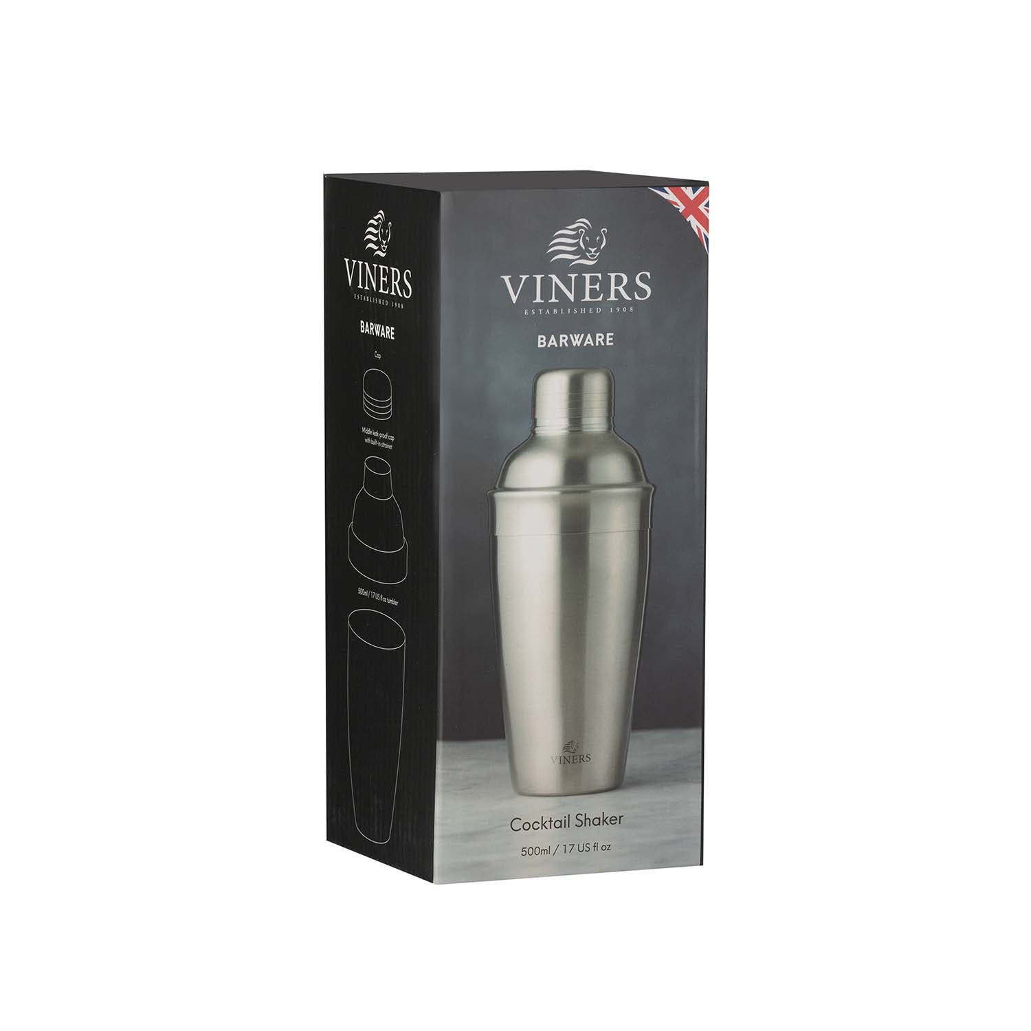 Silberner Cocktail-Shaker von Viners, 500 ml Fassungsvermögen, glänzendes Edelstahl-Design, für professionelle Bar-Mixgetränke.