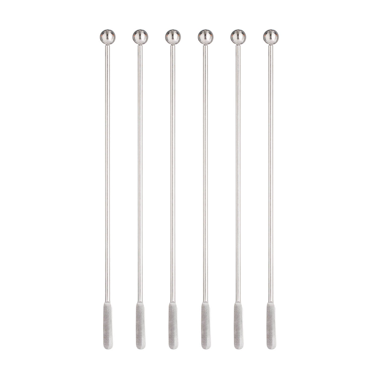 Viners Cocktail-Rührstäbchen 6er-Set aus Edelstahl, elegante Barzubehör für perfekte Cocktails, auf weißem Hintergrund.