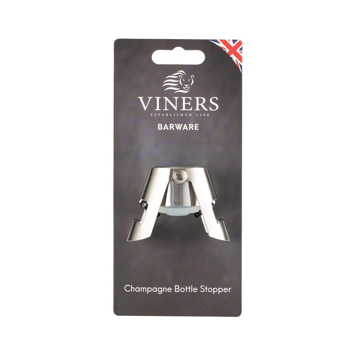 Viners Flaschenverschluss für Champagnerflasche, silbern, aus Metall, mit Verschlussmechanismus, auf einer weißen Oberfläche.