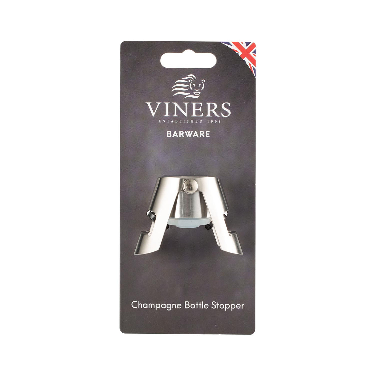 Viners Flaschenverschluss für Champagnerflasche, silbern, aus Metall, mit Verschlussmechanismus, auf einer weißen Oberfläche.