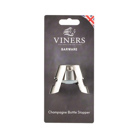 Viners Flaschenverschluss für Champagnerflasche, silbern, aus Metall, mit Verschlussmechanismus, auf einer weißen Oberfläche.