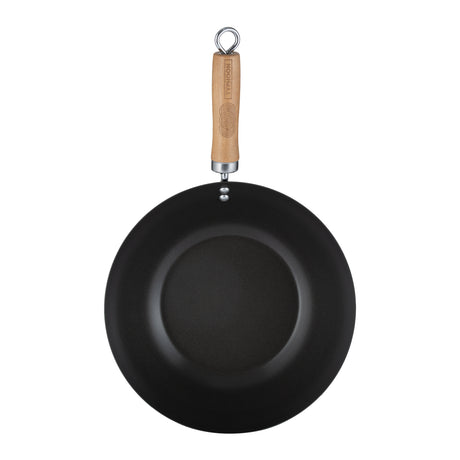 Typhoon Asia Wok aus Edelstahl in zwei Größen, ideal für asiatische Gerichte, zeigt den glänzenden Wok mit Griffen.