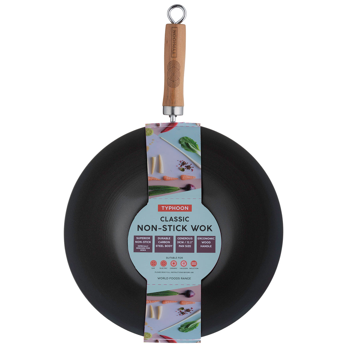 Typhoon Asia Wok aus Edelstahl, 2 Größen, ideal für asiatische Gerichte, zeigt den Wok mit Griffen und flachem Boden.