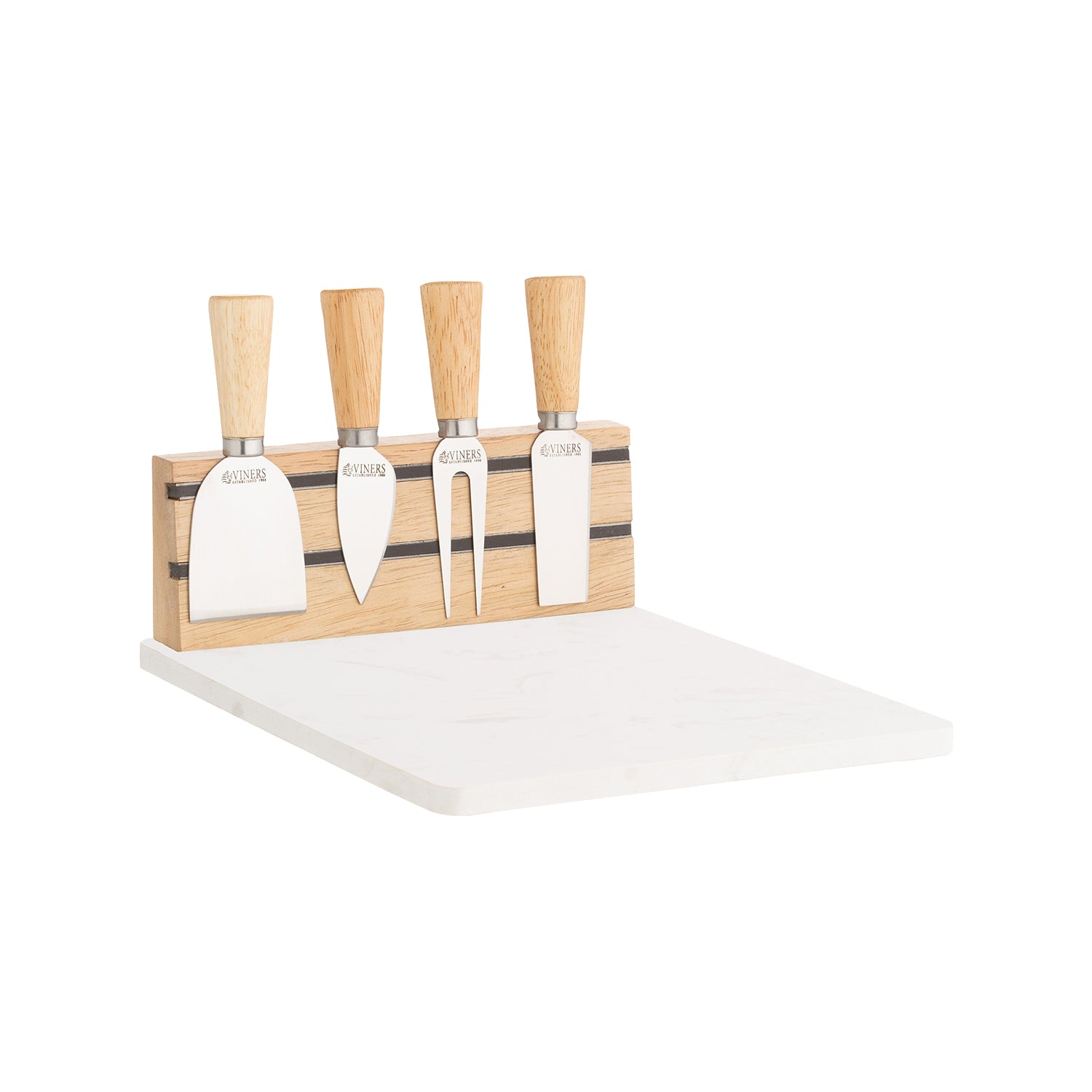 Viners 5-tlg. Käse Servier-Set mit Käsemesser, -spachtel und -zange auf weißem Hintergrund, hochwertige Käseutensilien.