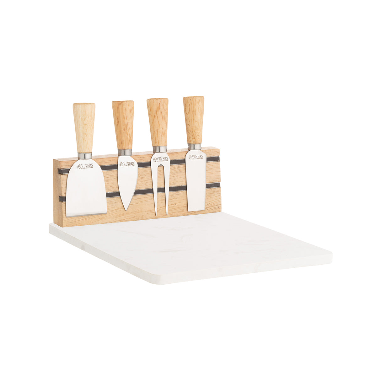 Viners 5-tlg. Käse Servier-Set mit Käsemesser, -spachtel und -zange auf weißem Hintergrund, hochwertige Käseutensilien.