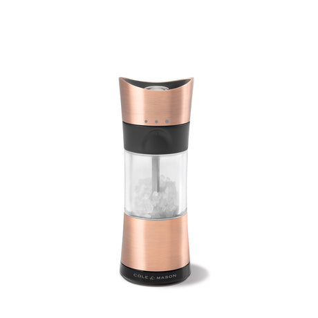 Horsham Kupfer Inverta Salzmühle von Cole & Mason, 15,4 cm hoch, mit kupferfarbenem Design und transparentem Glasbehälter