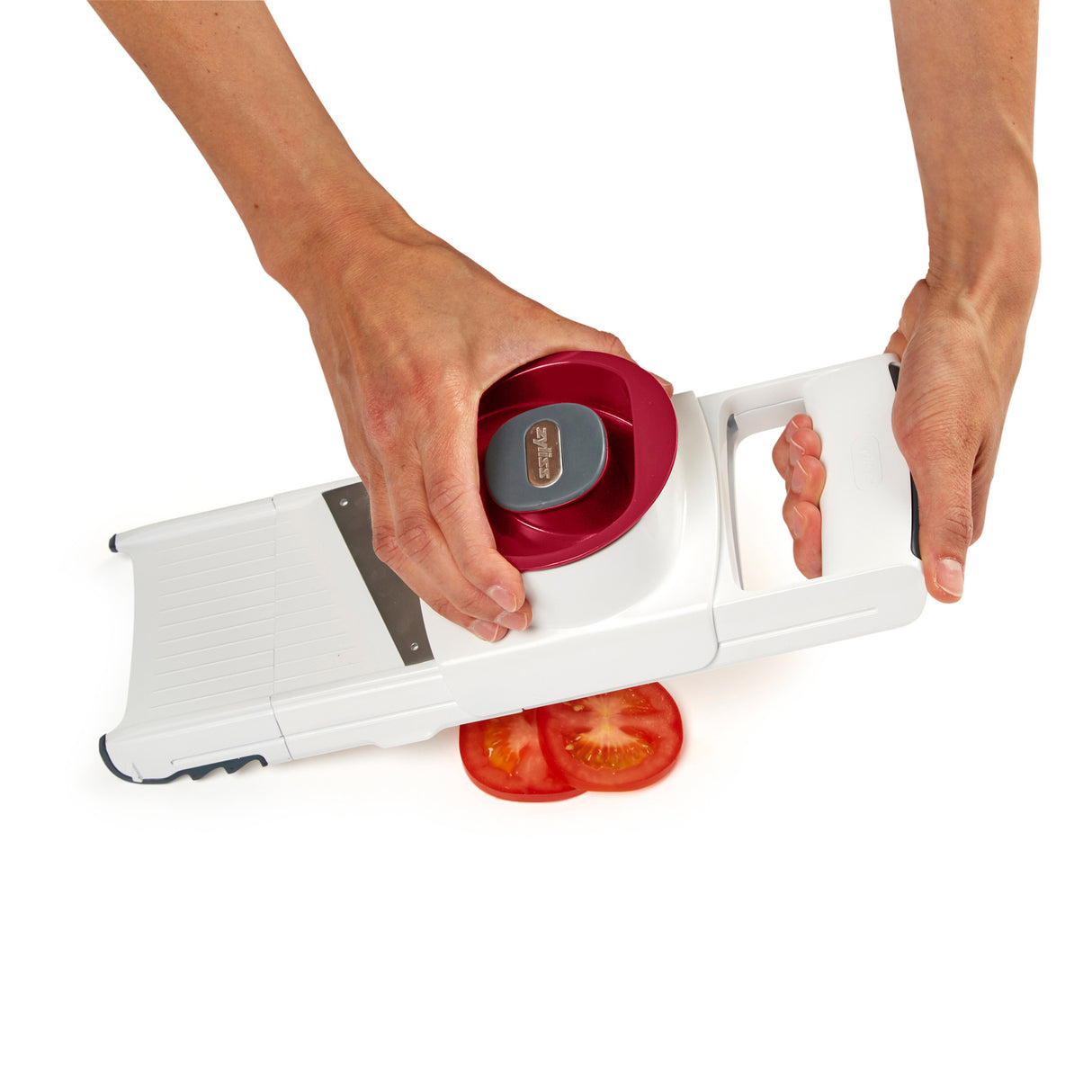 Zyliss 4-in-1 Hobel und Reibe mit verschiedenen Klingen für Schneiden und Reiben, in edlem Design, auf weißem Hintergrund.
