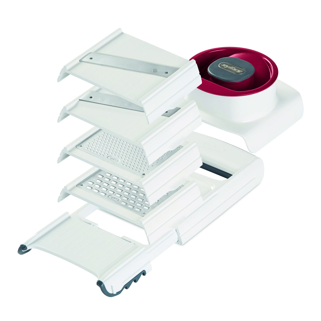 Zyliss 4-in-1 Hobel und Reibe mit verschiedenen Klingen für schnelles Schneiden und Reiben von Lebensmitteln.
