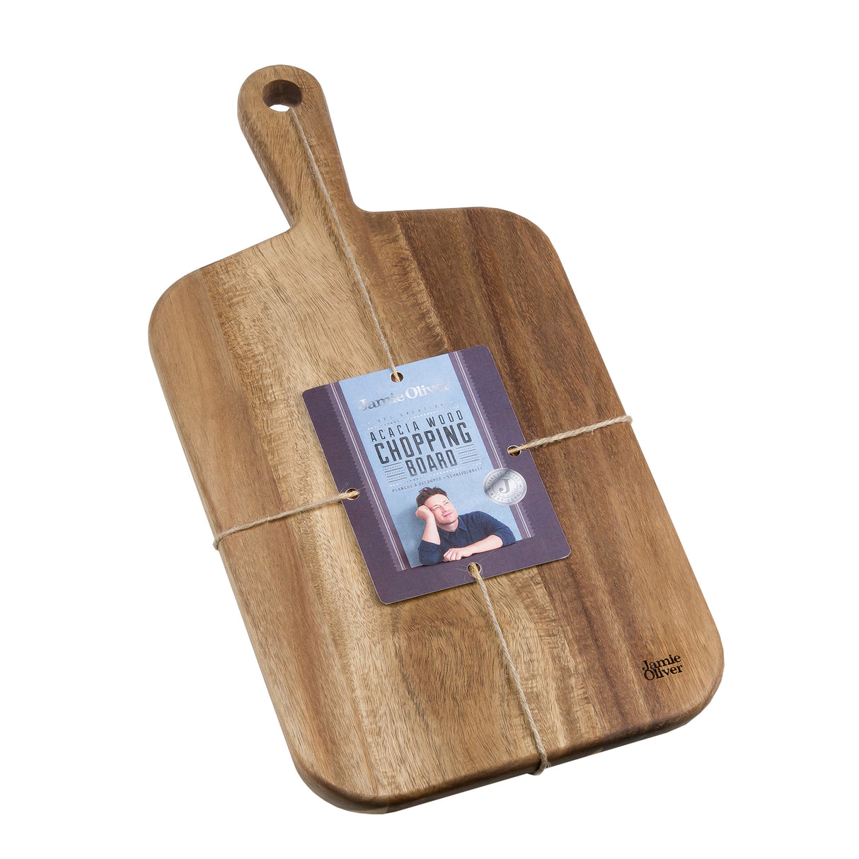 Kleines Schneidbrett mit Griff aus Akazienholz von Jamie Oliver, glatte Oberfläche und handlicher Design, ideal zum Schneiden.