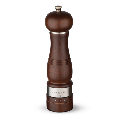 Holz-Edelstahl-Salzmühle von Cole & Mason, ARDINGLY, mit transparentem Behälter und verstellbarem Mahlwerk.
