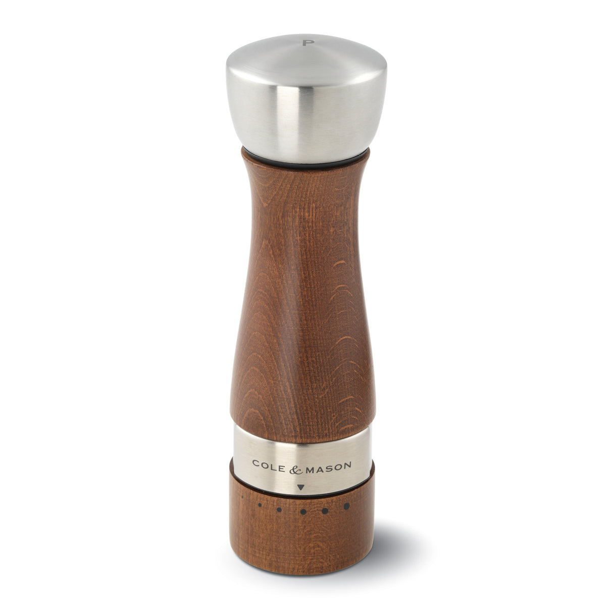 Manuelle Pfeffermühle OLDBURY von Cole & Mason, Edelstahl-Design, mit Mahlen für frischen Pfeffer, auf Küchenarbeitsfläche.
