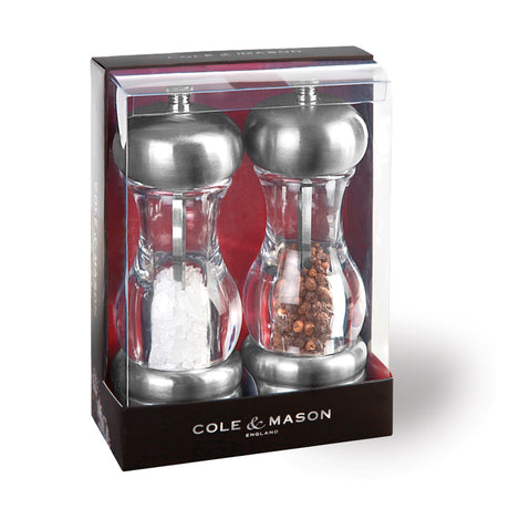 Acryl-Edelstahl-Salz- und Pfeffermühle im Geschenkset von Cole & Mason, moderne Salz- und Pfeffermühle aus Acryl und Edelstahl
