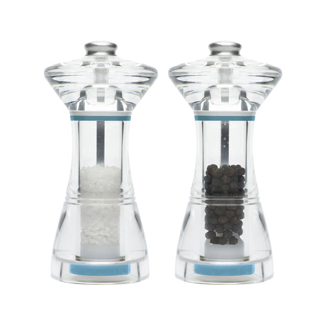 Jamie Oliver Salz- und Pfeffermühle im Set, 13,5 cm hoch, mit transparentem Glas und Edelstahl.