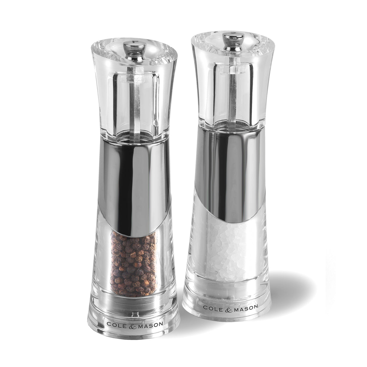 Acryl-Edelstahl-Mühle BOBBI von Cole & Mason im Geschenkset, 18,5 cm hoch, mit transparentem Acrylgehäuse und Edelstahl.