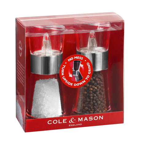 Cole & Mason Komfortmühle INVERTA Flip 180 Salz- und Pfeffer-Mühle aus Acryl mit Chromrand, 154 mm hoch, Geschenkset