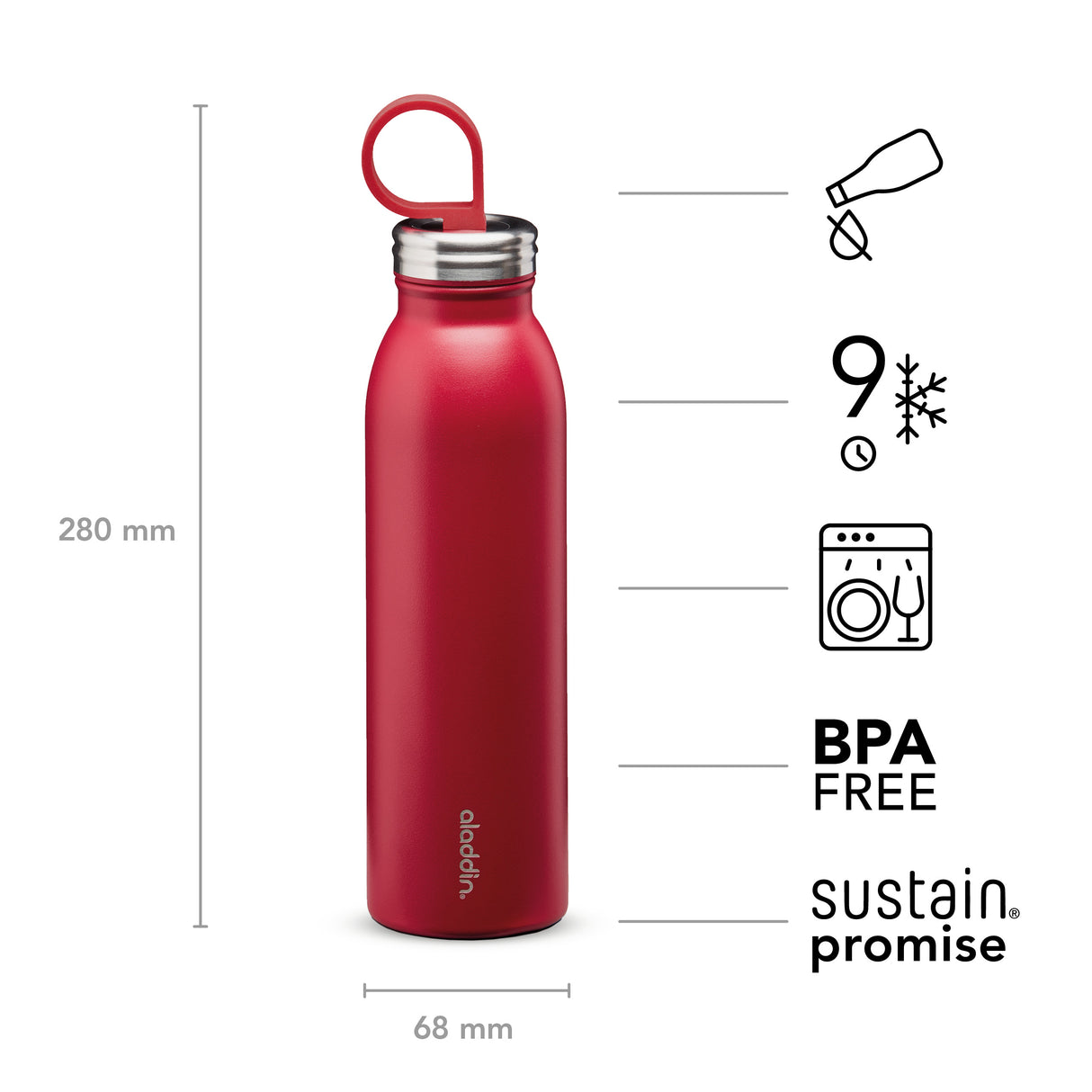 Aladdin Chilled Isolierflasche aus Edelstahl, 550 ml, Kirsch-Rot, für kalte Getränke, langlebiges und stylisches Design