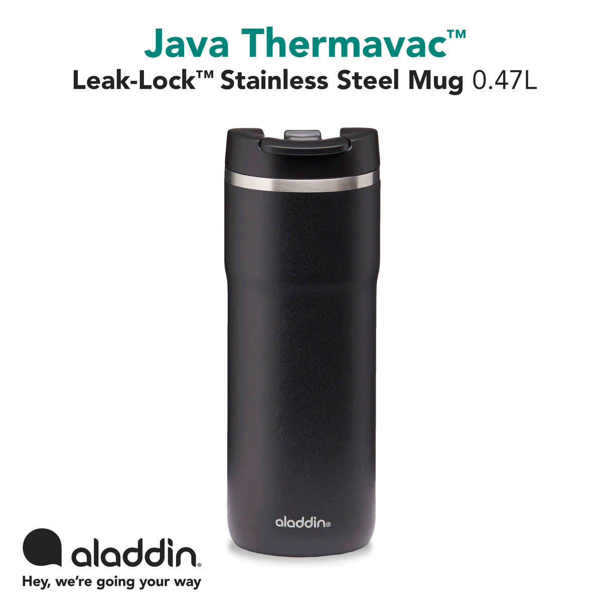 Aladdin Barista Thermobecher in Lava-Schwarz aus Edelstahl, mit Leak-Lock-Verschluss, in 0,47L Größe.