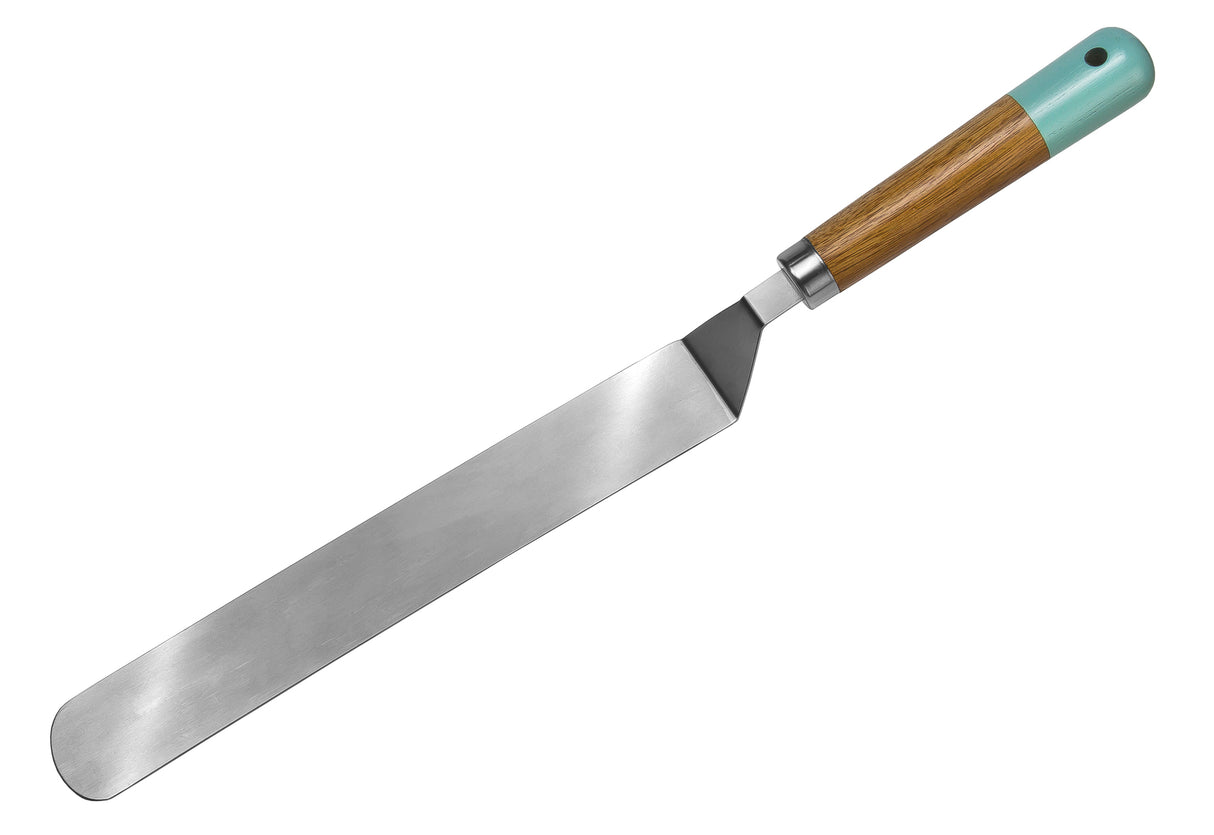 Gewinkeltes Palettenmesser von Jamie Oliver, geeignet zum Glätten und Verteilen von Cremes und Teigen, mit ergonomischem Griff.